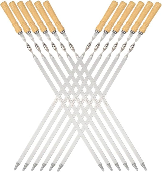 Large Size Kabob Skewers Flat Metal BBQ 22" Barbecue Skewer Wooden Handle Stainless Steel Shish Kabob Stick Wide Reusable Grilling Set Meat Shrimp Chicken Vegetable Kebab Fork Sausage-12PCS