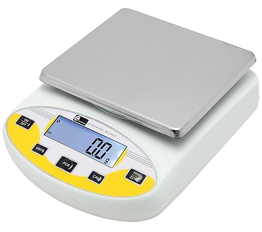 CGOLDENWALL Large Range Lab Digital Analytical Balance Lab Precision Scale Jewelry Kitchen Scales Electronic Balance Weighing and Counting Scale 0.1g Calibrated Pan Size 180140mm Yellow (5kg, 0.1g)