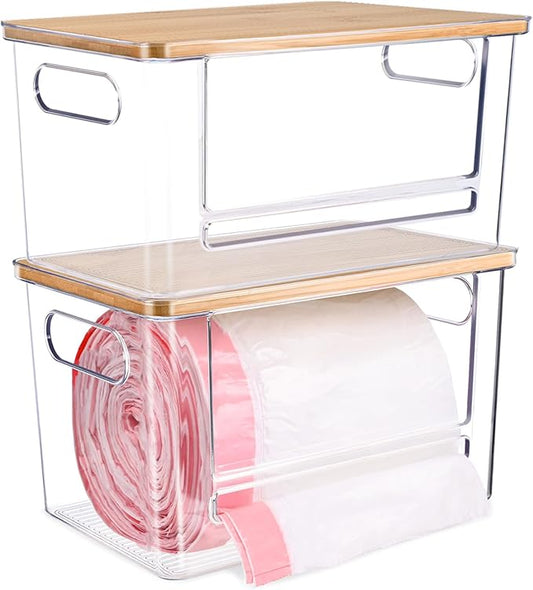 2 PCS Trash Bag Holder Dispenser Under Sink, Extra Large Garbage Bag Holder Organizer with Bamboo Top & Handles