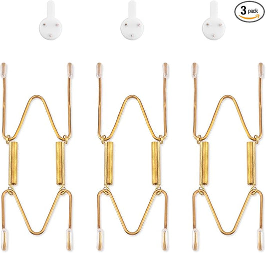 3 Pack Plate Hangers for The Wall, Suitable for 4-5 inch Art Plate, Stainless Steel Invisible Heavy Duty Wire Plate Holder with Wall Hooks, Plate Hangers for Displaying Plates, Platter, Dish, Gold
