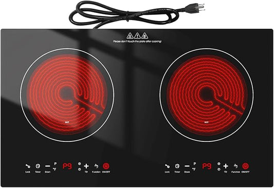 3000w Electric Cooktop, 24" Electric Stove 2 Burner Hot Plate Built-in Double Burner Cooktop with LED Touch Screen,9 Heating 9 Temperature,Kids Lock & Timer,Suitable for all Pans