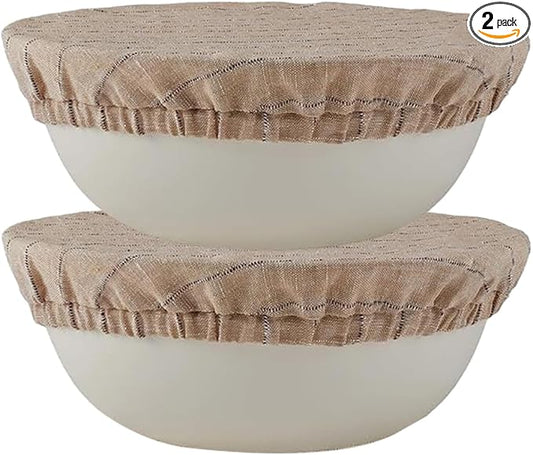 100% Pure Linen Bowl Covers For Bread Proofing, 2 Pcs 10 Inches Elastic Reusable Bowl Covers Large Ticking Striped Cloth Fabric Stretch Sourdough Lids