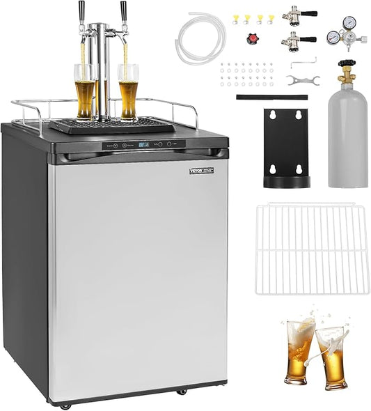 VEVOR Beer Kegerator, Dual Tap Draft Beer Dispenser, Full Size Keg Refrigerator With Shelf, CO2 Tank(No Gas), Drip Tray & Rail, 23°F- 82.4°F Temperature Control, 162L, Silver