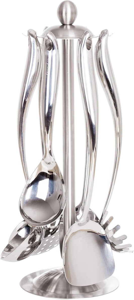 18/10 Stainless Steel Cooking Utensils Set with Holder, 7-Pieces All Metal Kitchen Utensils, 15’’ Long Kitchen Tools with Countertop Rotating Stand, Spatula, Ladle, Skimmer, Tunner, Pasta, Large Spoon
