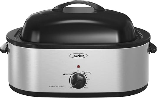 Sunvivi 22lb 18-Quart Roaster Oven, Electric Roaster Oven with Self-Basting Lid, Turkey Roaster with Unique Defrost/Warm Function, Large Roaster with Removable Pan & Rack, Stainless Steel, Silver