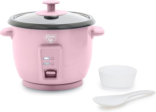 GreenLife Rice Cooker with Removable PFAS-Free Ceramic Nonstick Pot, 3-Cups Uncooked/6-Cups Cooked, Grains & Oatmeal Multicooker, Compact One-Switch Design, Auto Keep Warm, Easy Clean, Pink