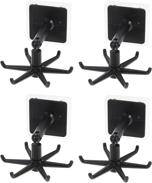 Cabilock 4pcs Rotatable Multi-Purpose Kitchen Utensil Hooks, 360° Folding No-Trace Adhesive Hooks, Black Hanging Soup Ladle and Spatula Storage Holder for Kitchen Organization