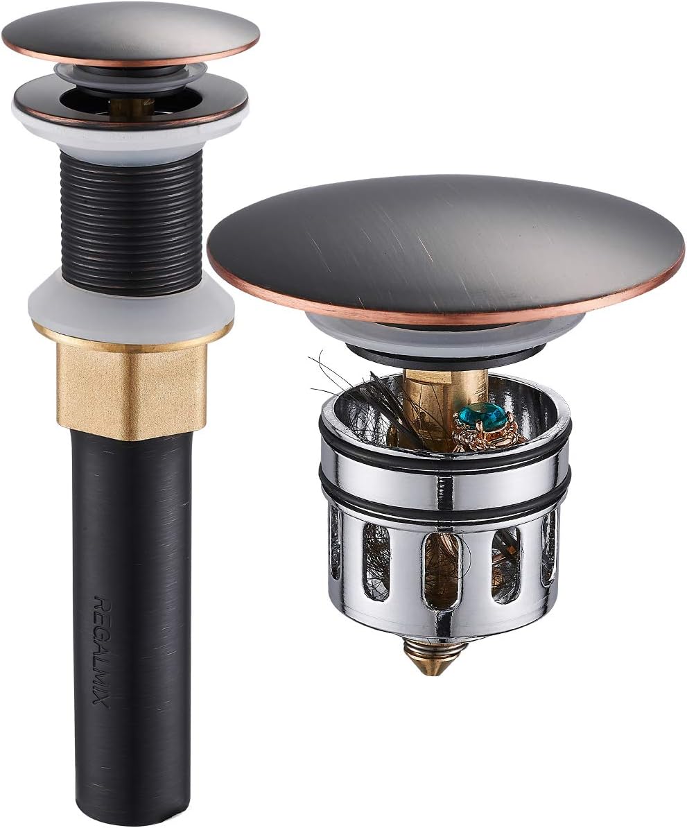 Bathroom Sink Drain, Vessel Sink Pop Up Drain with Detachable Basket Stopper,Anti-Explosion and Anti-Clogging Drain Strainer, Sink Drain Assembly Without Overflow Oil Rubbed Bronze, REGALMIX RWF082C