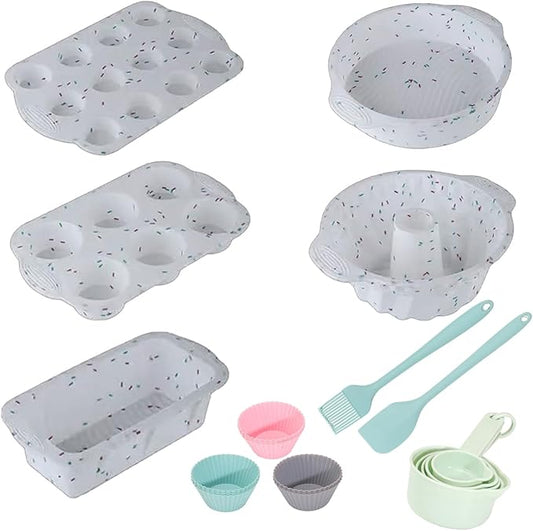 23 PCS Silicone Baking Set, Nonstick Pans Sets with Round Cake Pans, Muffin Pan, Baking Cups and Spoons for Making Bread, Cupcakes and Desserts (White)
