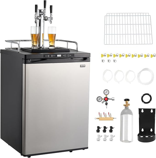 VEVOR Beer Kegerator, Triple Tap Commercial Draft Beer Dispenser for D system, Full Size Keg Refrigerator with 5lbs CO2 Tank, Hold 3 Sixth/2 Slim/3 Ball lock keg (3 taps - ball lock)