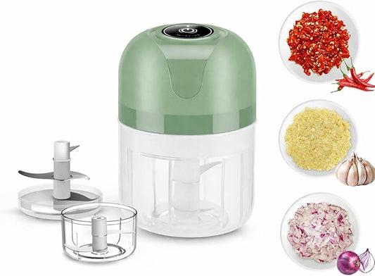 New Upgraded Dual-Cup Electric Garlic Chopper,Electric Mini Garlic Chopper, Portable Wireless Food Processor for Vegetables, Onion, Ginger, Chili, Meat – Rechargeable, Splash-Proof, Light Green