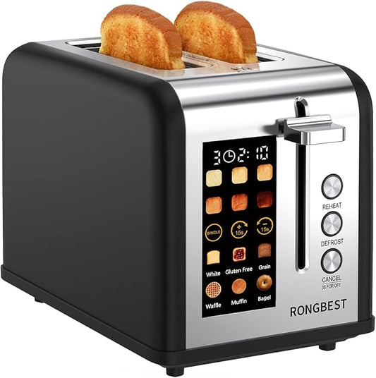 2 Slice Touch Screen Toaster Stainless Steel with Wide Slots, Even Toasting for Bagels & Bread, Defrost & Reheat, Easy Removable Crumb Tray, Matt Black