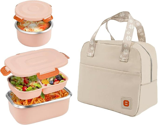 18/8 Stainless Steel Bento Box, Bento Lunch Box with Soup Bowl for Kids and Adults, Food Containers with Bag for Office or School, Pink