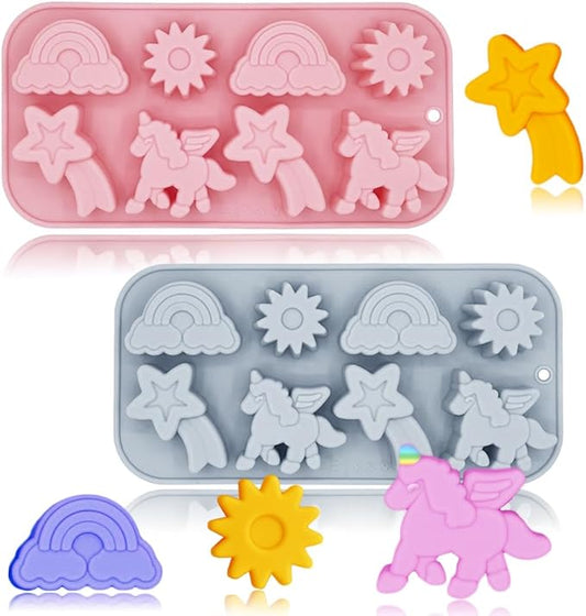 2 Pack Unicorn Molds Silicone 8 Cavity 3D Flying Unicorn Themed Baking Mould Tray with Cartoon Rainbow Meteors Sun for Kids' Party Chocolate Cake Topper Dessert Mousse Pastry Handmade Soap Crayons