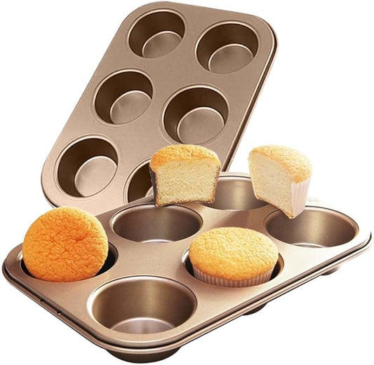 2 Packs Premium Steel Muffin Pan for Baking, Round Muffin Baking Pan, Baking Tray for Muffins, Cupcakes, Brownie(Gold, 6 Cup)
