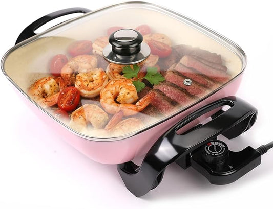 12'' Ceramic Nonstick Electric Skillet with Tempered Vented Glass Lid, Scratch-Resistant Surface, Cool-Touch Handles, Removable Easy-to-Clean, 120V 1200W 60Hz, Pink