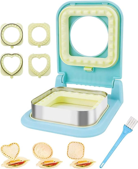 3-in-1 Uncrustable Sandwich Maker - Heart/Round/Square Crustless Sandwich Cutter & Sealer for Kids' Lunch, Breakfast & Lunchboxes | BPA-Free Uncrustable Press,Easy Clean (3-Shape Light Blue)