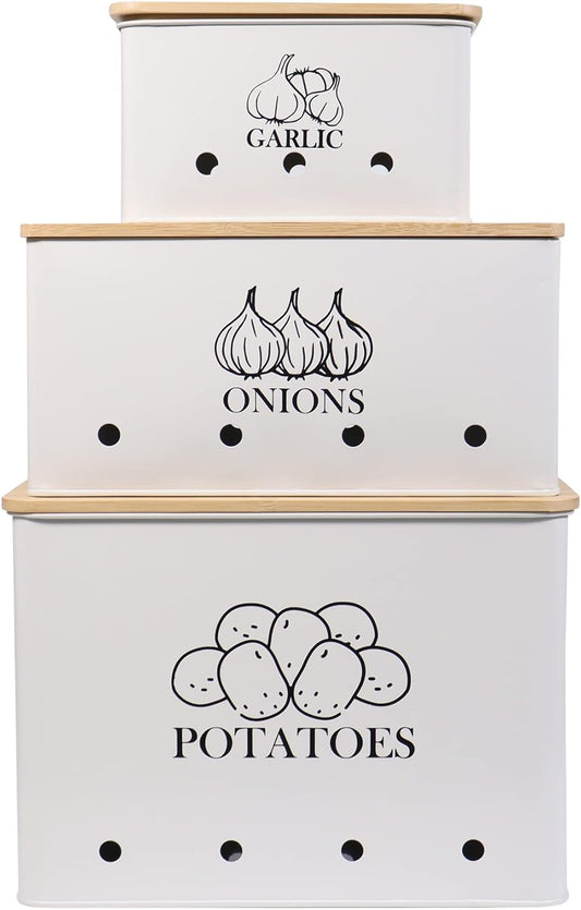Canister Sets for Kitchen Counter, Kitchen Canisters Set of 3 for Potato Onion Garlic, Kitchen Storage Bin Jars Pots with Aerating Tin Storage Holes & Wooden Lid (White)