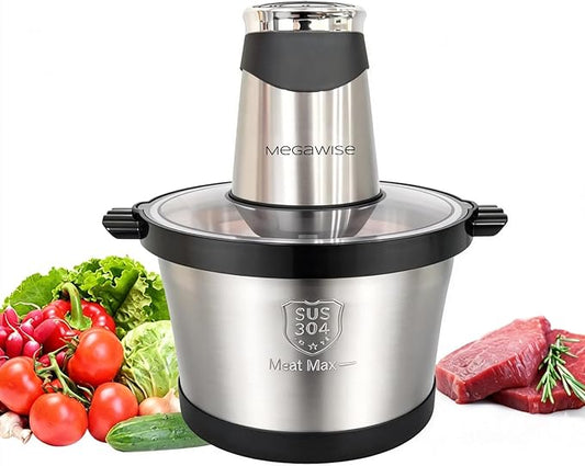 MEGAWISE Electric Food Processor, 1000W Meat Grinder & Vegetable Chopper with 6L 304# Stainless Steel Bowl, Dual-Speed Food Chopper for Meat, Vegetables, Fruits, Nuts, and Baby Food