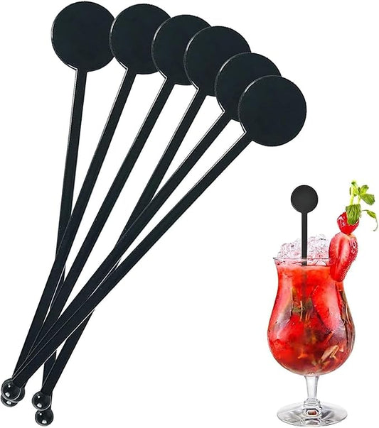 100Pcs Cocktail Swizzle Sticks, 7 Inches Disposible Plastic Disc Top Drink Stirrers Black Drinks Mixing Rod for Coffee Milk Cocktail Whiskey Beverage Bar (Black)