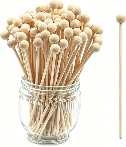 100PCS 6 Inch Wooden Rock Candy Sticks with Ball, Wood Swizzle Sticks for Drinks Cake Pops Coffee Stirrers Lollipop Making, Ideal for Party Supplies Home Baking DIY Dessert