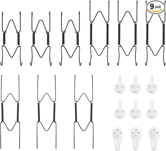 Bilillo 9-Piece Stainless Steel Wall Plate Hangers, 4/6/8 Inch Invisible Decorative Wire Plate Holders with 9 Pieces Wall Hooks for 4 to 10 Inch (Black)