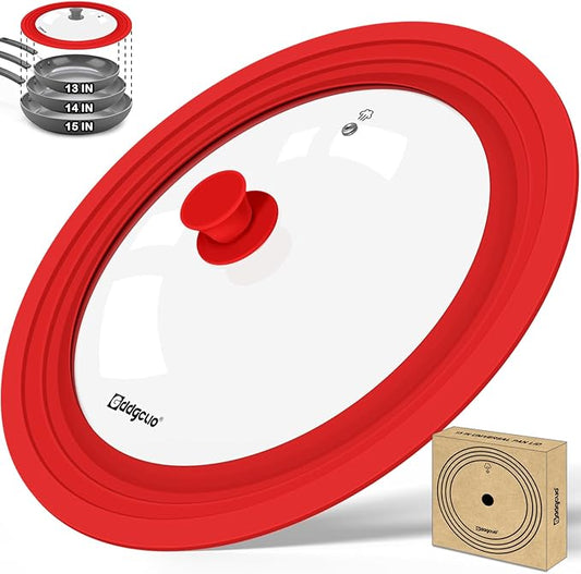 13-14-15 in Universal Pan Lid, Extra Large Silicone Pot Lid for Pots, Pans & Skillets, Replacement Frying Pan Lid with Heat Resistant Silicone Knob, Dishwasher Safe, Red