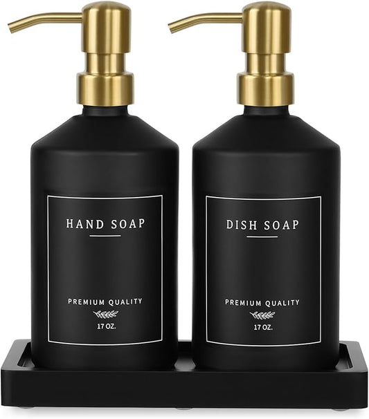 Black Glass Kitchen Hand and Dish Soap Dispenser Set, Bathroom Soap Dispenser Set with Tray and Stainless Steel Pump, Gold Kitchen Accessories (Black Bottle/Gold Pump)