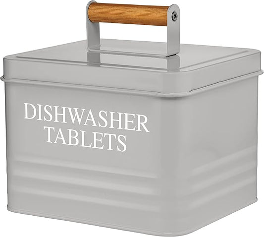 Calindiana Modern Farmhouse Metal Dishwasher Pods Container with Lid for Kitchen Organization and Storage, Kitchen Essentials Decor Accessories, Dishwasher Pods Holder, Grey