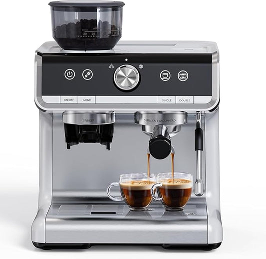 20 Bar Espresso Machine with Grinder, Professional Espresso Coffee Maker with Milk Frother, Brushed Stainless Steel, 1450W 2.8L Water Tank, for Home, Commercial Cappuccino Machines