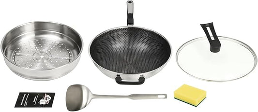13 Inch Stainless Steel Wok Pan with Lid, Honeycomb Coating Woks & Stir-fry Pans Nonstick Wok Induction Wok Set Chinese Wok No Chemical Coated Wok for Induction, Electric, Gas, Halogen