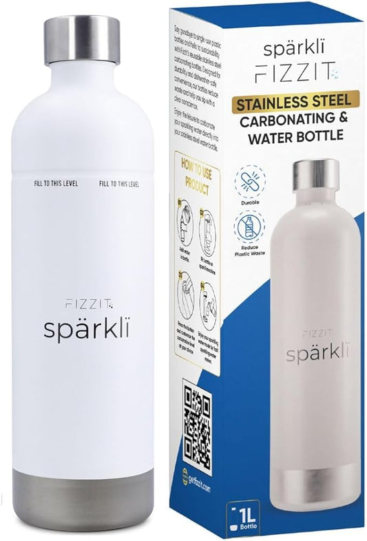 FIZZIT Spärkli 1L Stainless Steel Carbonating Bottle | Compatible with Aarke II & III, Philips GoZero & Monten Soda Makers | Reusable Sparkling Water Bottle, Dishwasher Safe, BPA-Free-Eco-Friendly