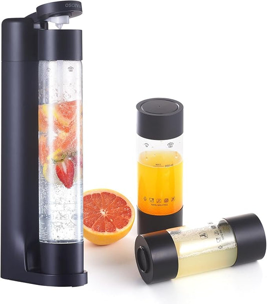 Sparkling Water Machine Soda Maker Beverage Drink Dispenser for Home, Soda Streaming with 1L BPA Free Bottle, 2 Portable Bottle for travel, Seltzer & Carbonator Srew-in 60L CO2 (NOT Included), Black