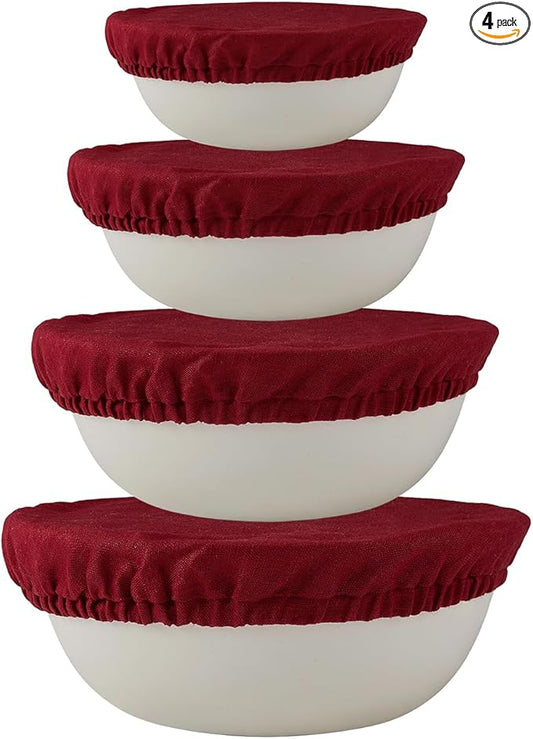 100% Pure Linen Bowl Covers For Bread Proofing, 4 Pcs Elastic Reusable Solid Color Cloth Fabric Bowl Covers,XL Organic Washable Large Stretch Sourdough Lids 6 * 8 * 10 * 12 Inches, Red