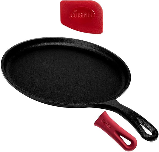 Cast Iron Round Griddle - 10.5”-Inch Crepe Maker Pan + Silicone Handle Cover - Pre-Seasoned Comal for Tortillas Flat Skillet - Dosa Tawa Roti Grill - Oven, Stovetop, Induction Safe. PFAS and PFOA-free