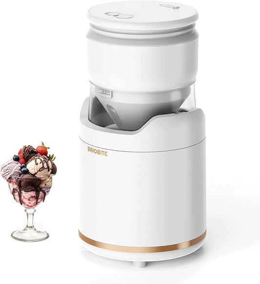 BRIOBITE Ice Cream Maker,Rechargeable Soft Ice Cream Machine with Low Noise,Compact for 1-2 Servings,Perfect for Sorbet,Gelato,Frozen Yogurt,White