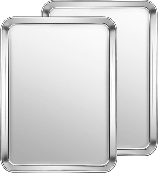 CEKEE Stainless Steel Baking Sheet Set of 2, Cookie Sheet for Baking Pan Tray, Toaster Oven Baking Pan Set, Rectangle Size 16 x 12 x 1 inch, Non Toxic, Mirror Finish & Rust Free, Dishwasher Safe