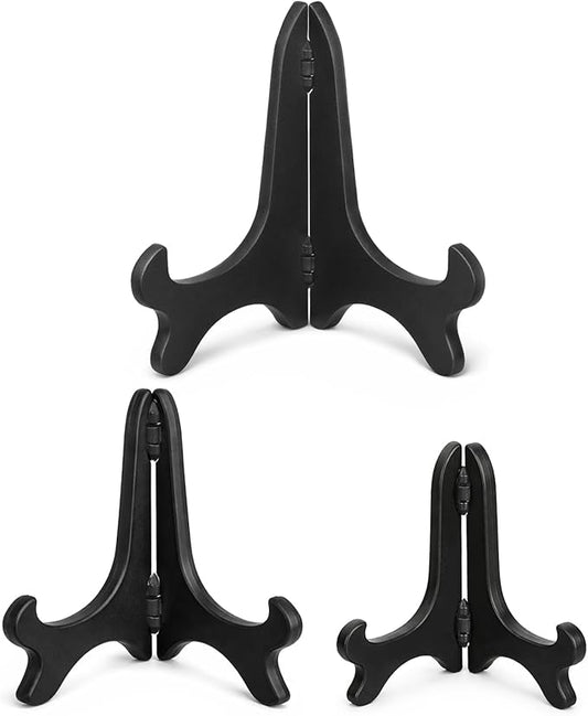 3 Pack Plastic Frame Holder Stand, 3 Size Black Plate Display Stand, Foldable Picture Stands for Display Platter, Dish, Book, Photo