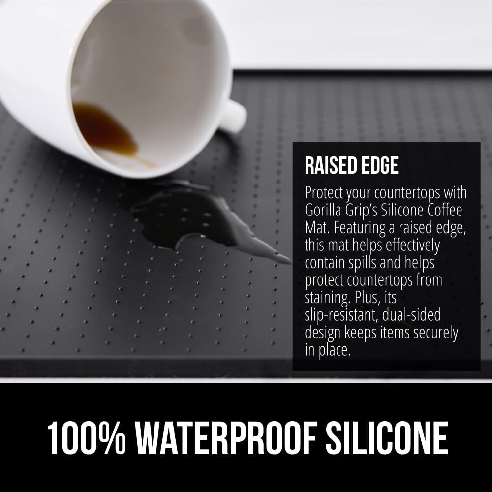 GORILLA GRIP Silicone Coffee Mat, 18x28, Espresso Drink Bar Station Accessories, Waterproof Heat-Resistant Dish Drying Mats, Stay in Place on Kitchen Counter, Home Kitchen Decor Essentials, Black
