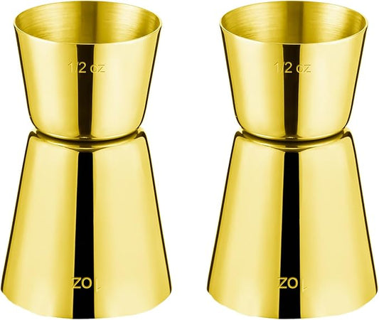 Briout Jigger for Bartending, 2 Pcs Double Cocktail Jigger Japanese Premium 304 Food Grade Stainless Steel Jigger 1 OZ 1/2 OZ, Flat Edge Gold