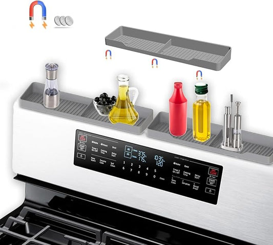 15 Inch Magnetic Silicone Stove Top Shelf,Heat Resistant Over The Stove Spice Rack for Kitchen,Space Saving Organizer Back of Stove,Includes 3 Additional Sticky Boards(Light Grey, 15''x3.8'')