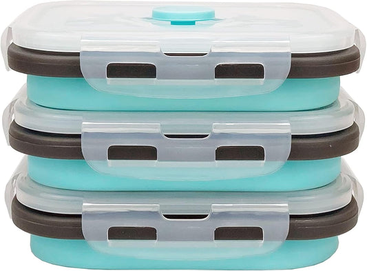 CCyanzi 3piece Collapsible Food Storage Containers with Lids, Silicone Lunch Container, Microwave & Freezer Safe, Space Saving for Kitchen Cabinet and Camping Backpack,(blue gray)