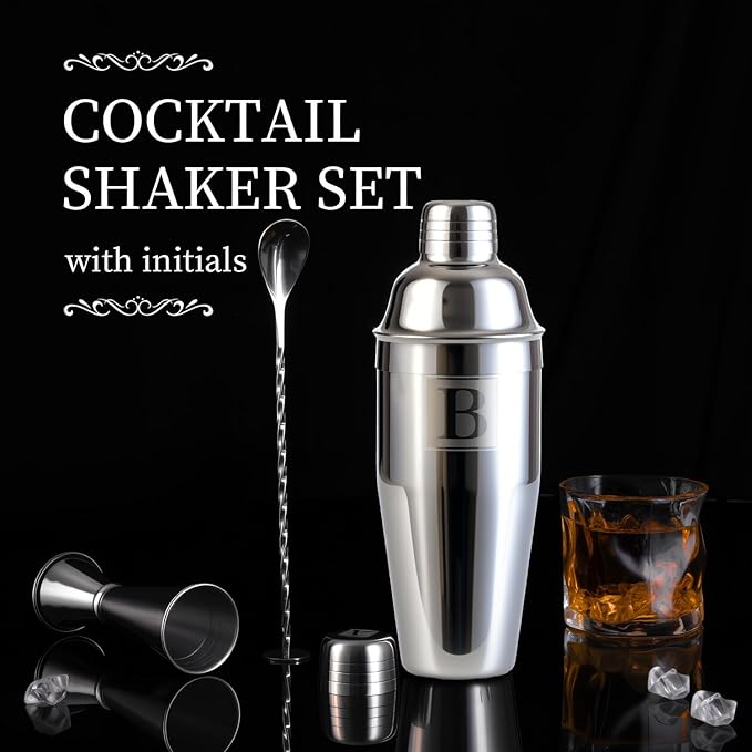 24oz Cocktail Shaker Set with 1 oz 2oz Jigger - Monogramm Initials Martini Shaker Set - 304 Stainless Steel Bar Shaker for Margarita,Mojito-Personalized Gift for Friend,Husband-O