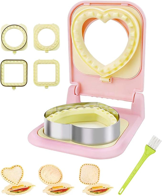 3-in-1 Uncrustable Sandwich Maker - Heart/Circle/Square Crustless Sandwich Cutter & Sealer for Kids' Lunch, Breakfast & Lunchboxes | BPA-Free Uncrustable Press, Easy Clean (3-Shape Pink)