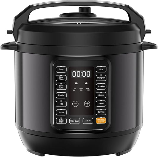 NEWBULIG 16-in-1 Electric Pressure Cooker, 8QT Multi Cooker with 12 Presets, Slow Cook Rice Steamer Sauté Soup Meat Stew Canning Yogurt Maker, Ceramic Inner Pot & Recipe Book Included, Black