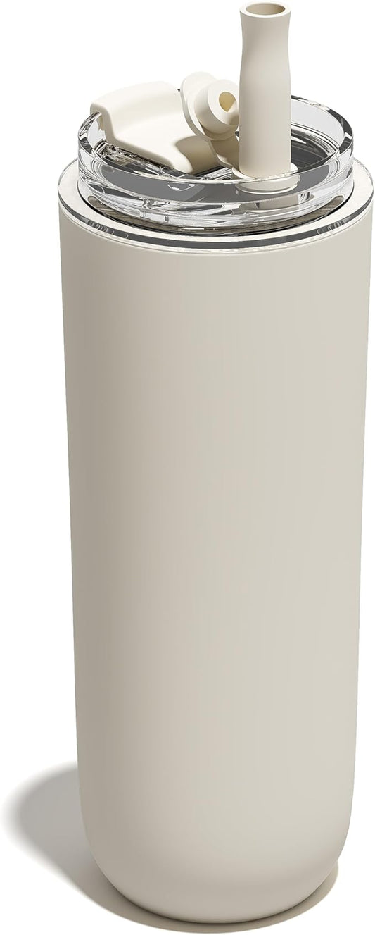 16 oz Insulated Coffee Tumblers, Travel Coffee Tumblers with Straw, Double-Wall Stainless Steel Tumbler, Leak Proof Tumbler, Reusable Cups with Lids for lced and Hot Drinks (Cream)