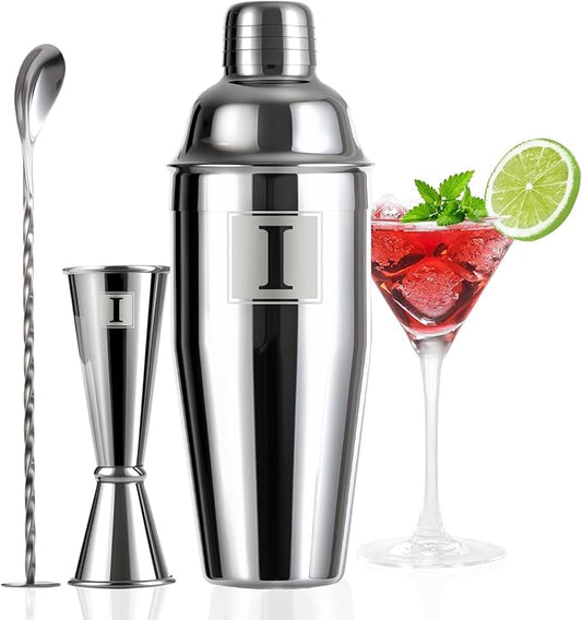 24oz Cocktail Shaker Set with 1 oz 2oz Jigger - Monogramm Initials Martini Shaker Set - 304 Stainless Steel Bar Shaker for Margarita,Mojito-Personalized Gift for Friend,Husband-I