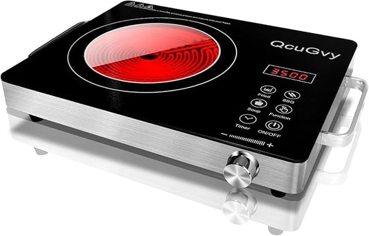 14" Portable Infrared Burner 3500 Electri Burner with 3 Hours Timer-Electric Hot Plate Touch Control Panel Adjustable Heating Power Glass Plate Electric Cooktop for Cooking (Black)