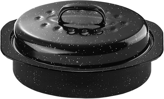 DIMESHY 13Inch Roasting Pan, Enamel on Steel, Black Covered Oval Roaster Pan with Lid, Small Cookware for Turkey, Small Chicken, Roast Baking Pan.
