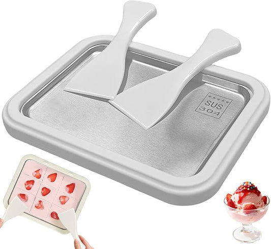Rolled Ice Cream Maker Kit, At-Home Instant Freeze Plate with 2 Scrapers, 9×7 inch, DIY Stainless Steel 304 Homemade Iced Tray, Fun Family Activity (white)